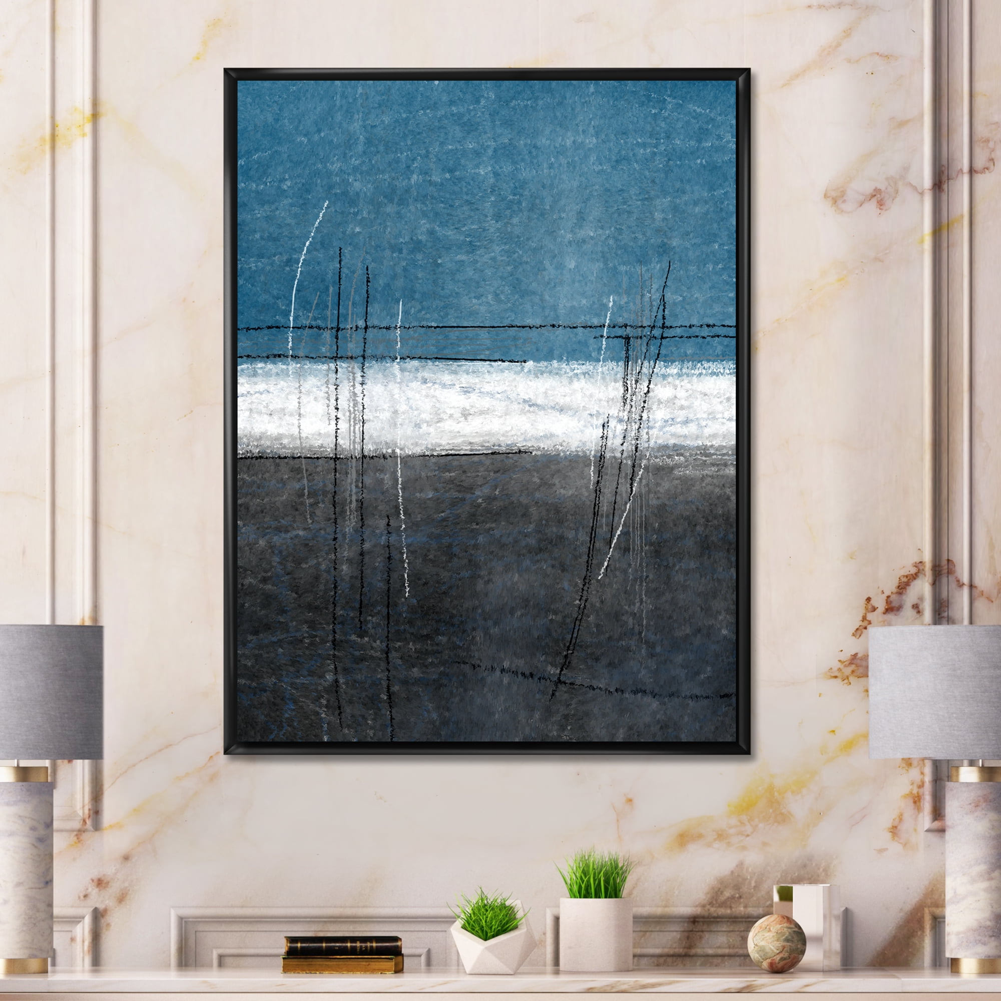 Designart 'Grey Meet Teal Abstract Art' Modern Framed Canvas Wall Art Print
