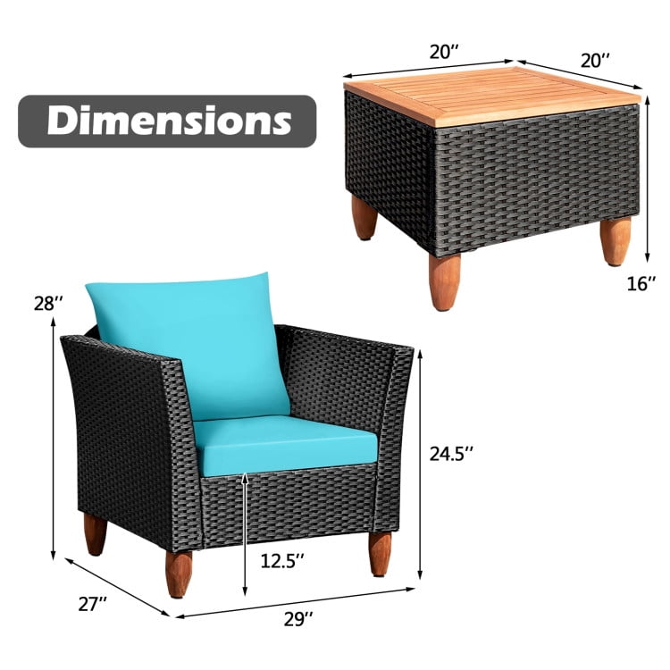 Aimee Lii 3 Pieces Outdoor Patio Rattan Furniture Set with Coffee Table, Modern Patio Furniture, Turquoise