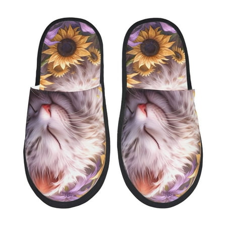 Balery Warm Sunflower Sleeping Cat Slient Indoor Furry Fleece Comfort House Shoes Soft Non-Slip Home Shoes Cotton slippers House Slippers-- Medium
