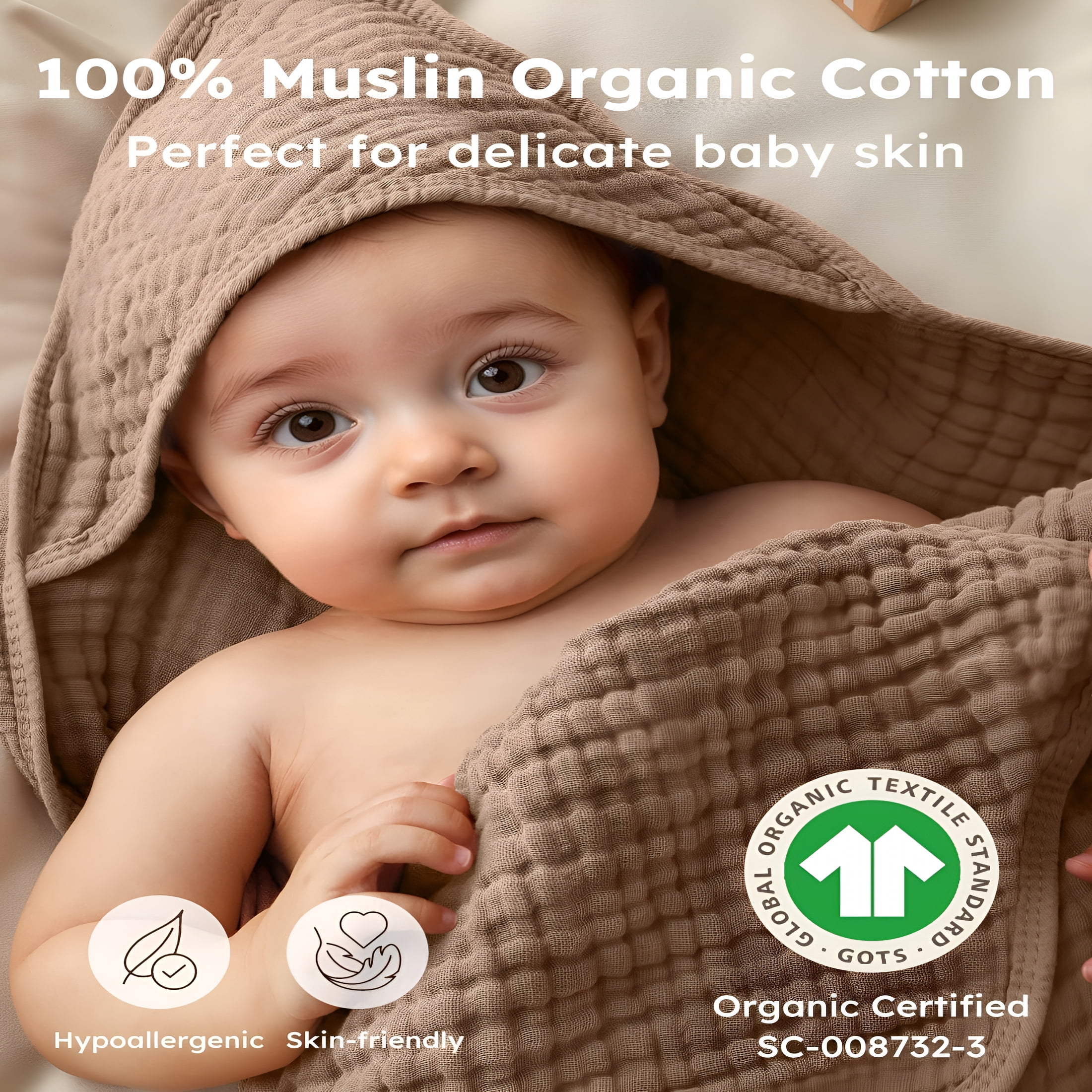 AUQ 2026 New Hooded Baby Towels for Newborn 2 Pack 100% Muslin Organic Cotton Baby Bath Towel with Hood for Babies,Infant,Toddler&Kids,32X32Inch,Soft&Absorbent Newborn Essential,Beige&Coffee