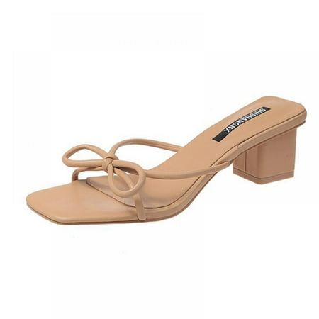 

Wild Thin Ribbon Bow-shaped Open-toe Thick Heel Slippers
