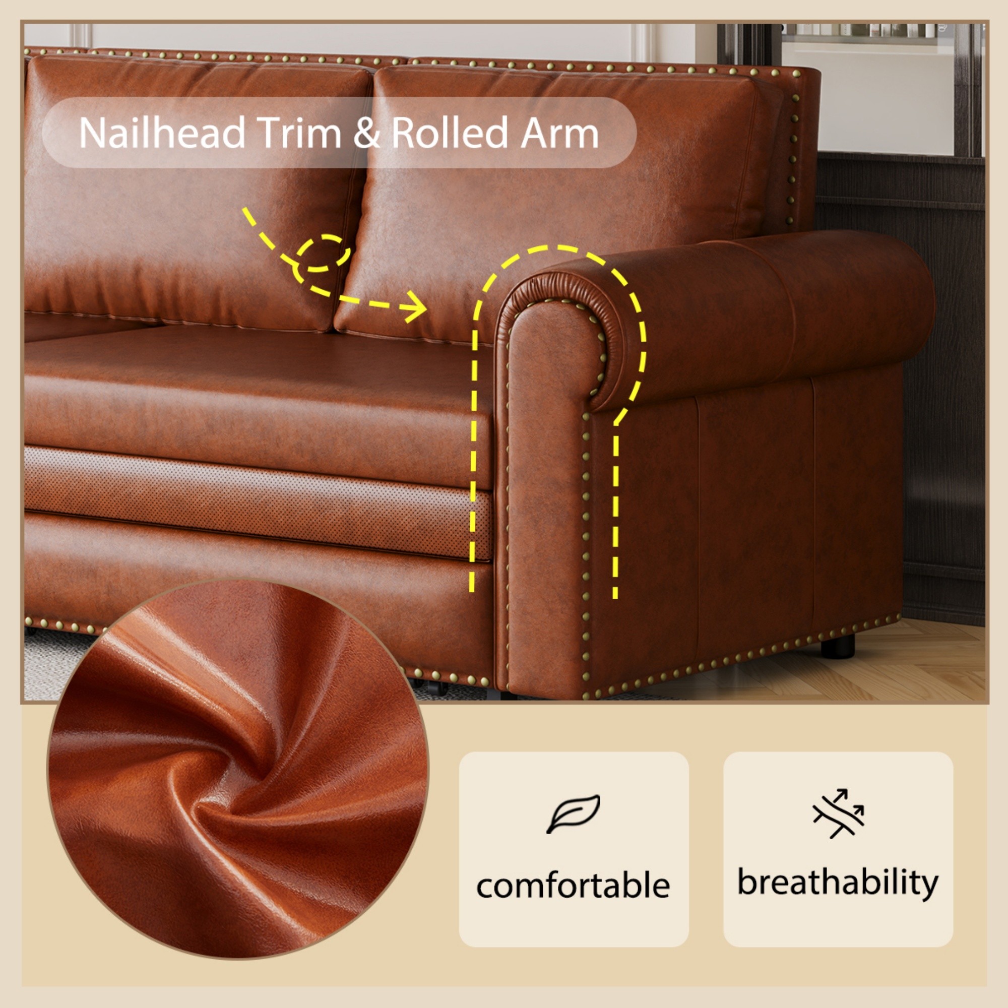 Aukfa 93.7" King Pull Out Sofa Bed, Faux Leather 3-in-1 Convertible Chesterfield Sleeper Sofa Couch with Nailhead Trim & Rolled Arms, Light Brown
