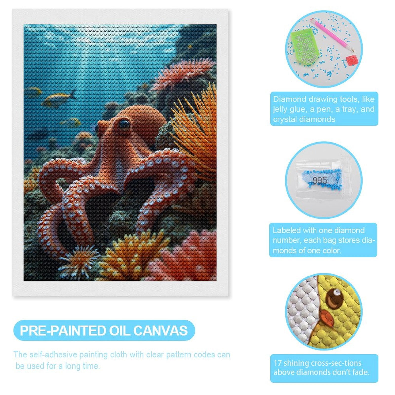 Diamond Art Kits for Adults, Octopus Underwater Coral Reef Scene 5D Diamond Painting Kits for Adults Beginners, DIY Full Drill Diamond Painting, Gem Art and Crafts 12x16