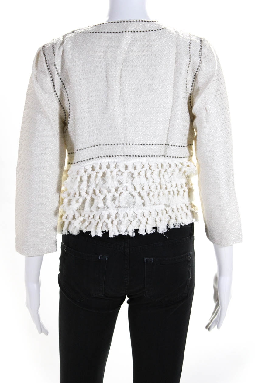 Cupcakes And Cashmere Womens Open Front Fringe Tweed Jacket White