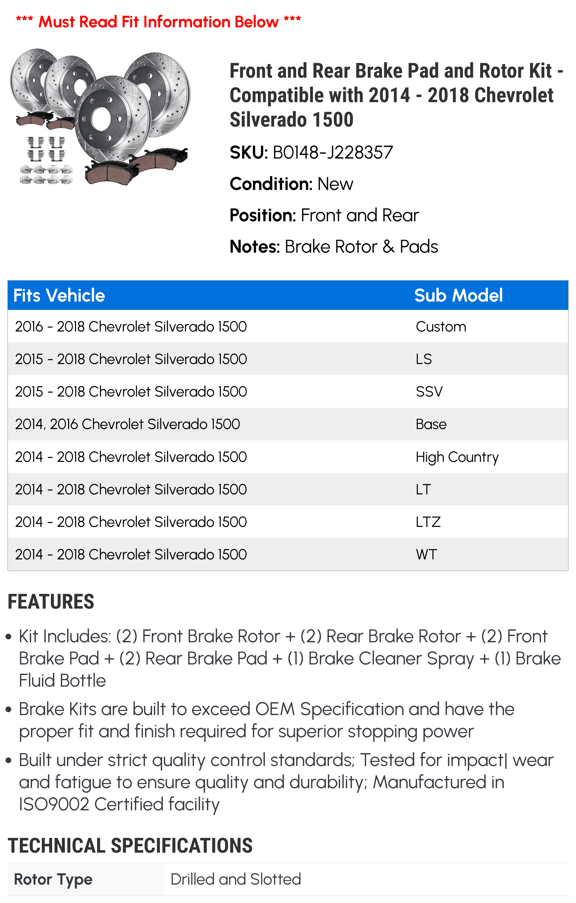 Front and Rear Brake Pad and Rotor Kit - Compatible with 2014 - 2018 Chevy Silverado 1500 2015 2016 2017