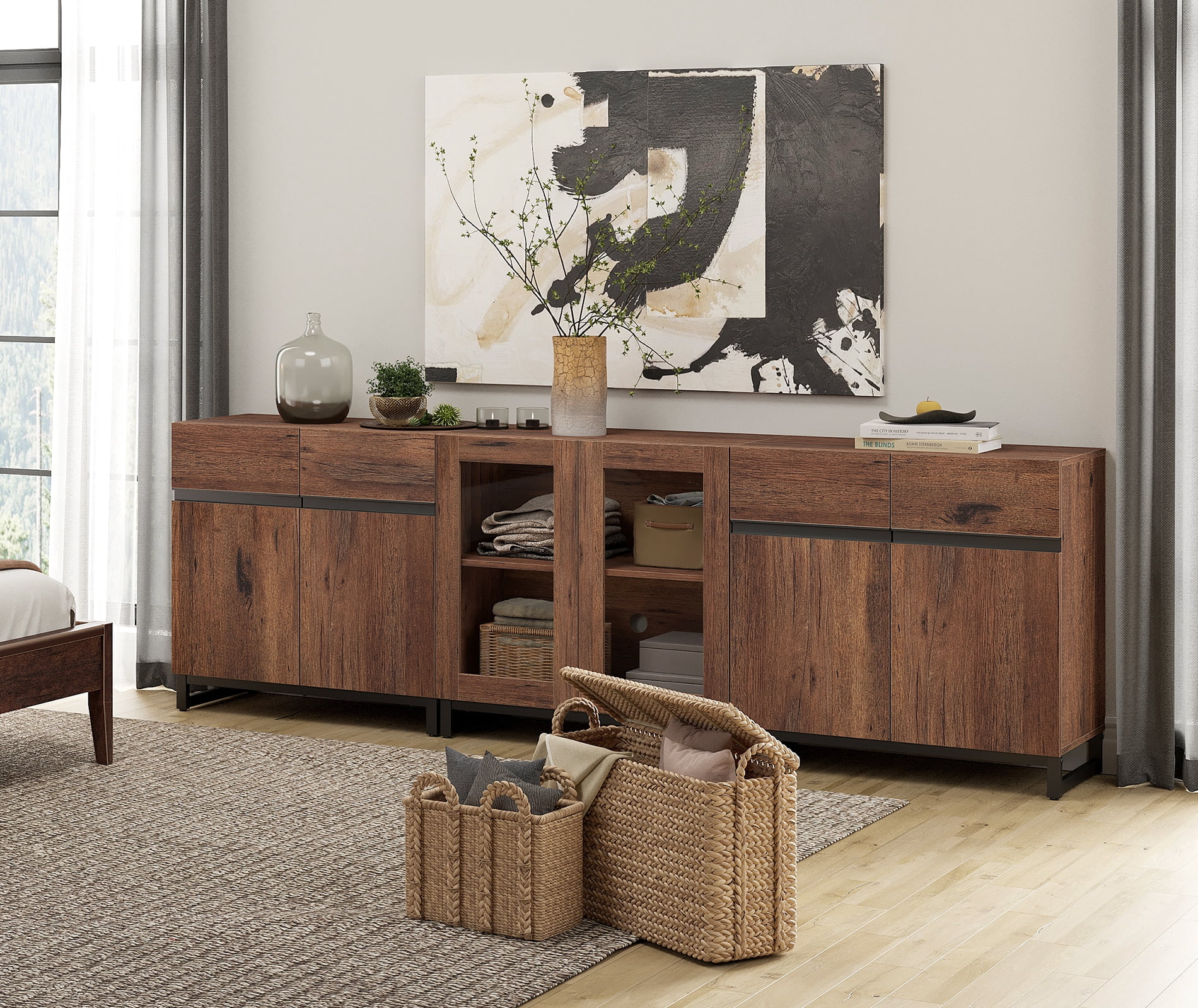 Modern 3-in-1 Storage Chest, Multifunctional Bedroom Dresser with Glass Doors & Adjustable Shelves, Versatile Home Closet Organizer Cabinet,Brown