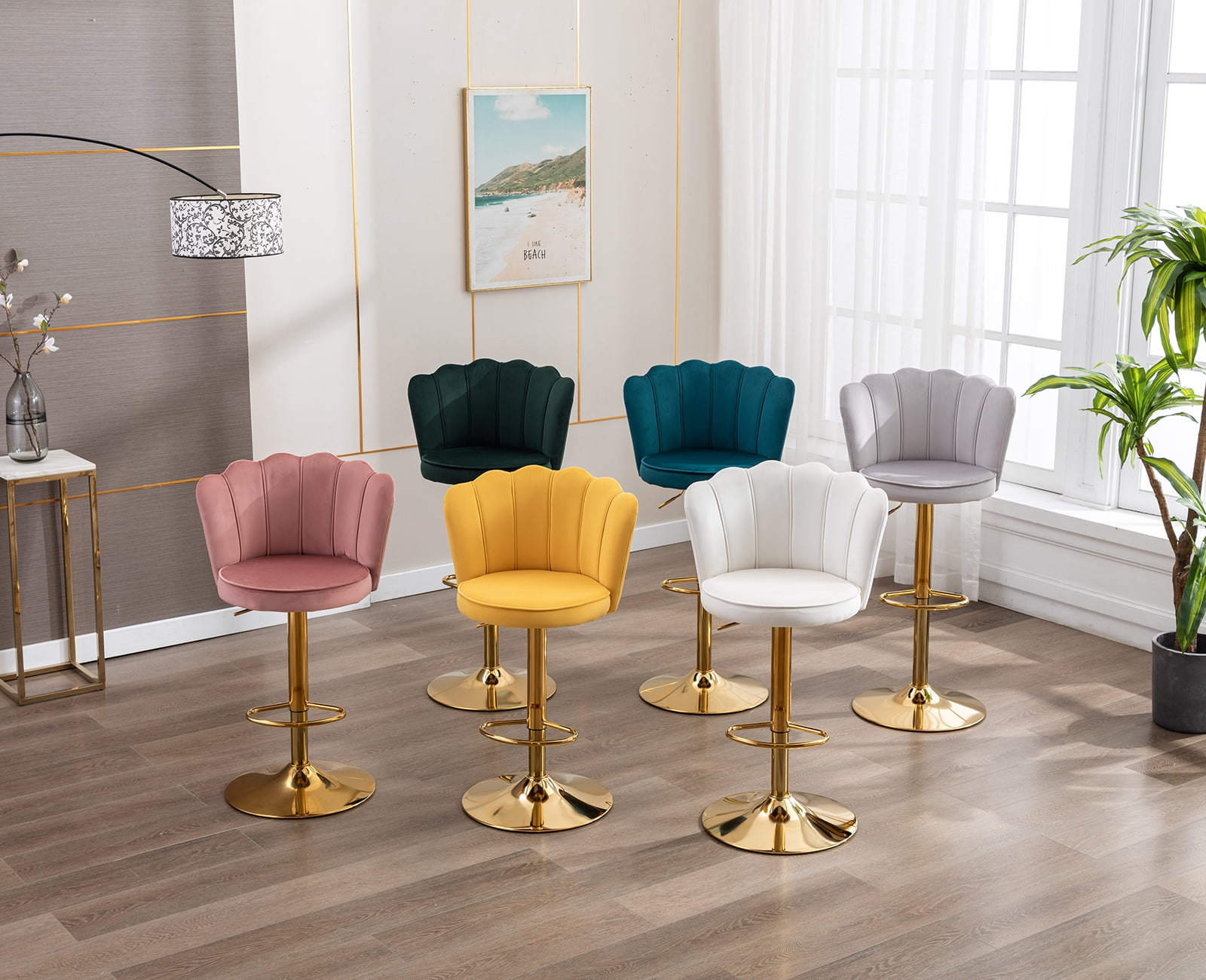 Guyou Swivel Adjustable Bar Stools Set of 2, Velvet Counter Height Barstools with Petal Back and Gold Footrest, Modern Counter Bar Height Stool Chairs for Kitchen Island Bar Cafe, Dark Pink