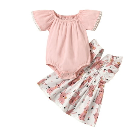 

EHTMSAK Newborn Infant Baby Toddler Girl Clothing Set Bodysuit and Suspender Skirt Set Summer Outfits Short Sleeve Pink 0-2Y 80