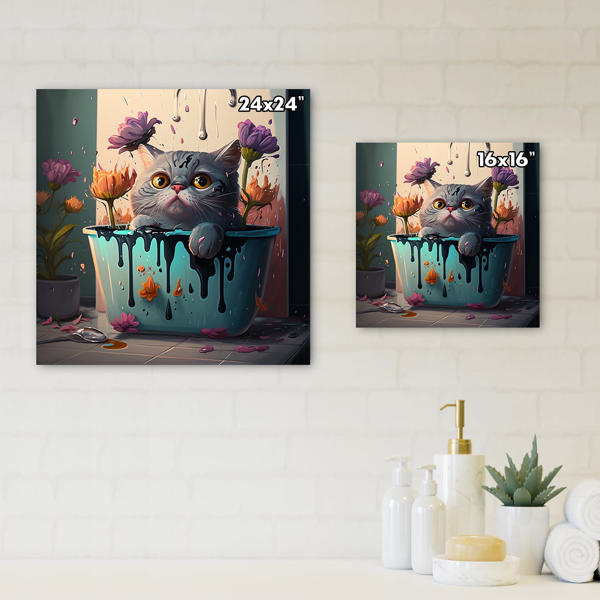 Designart Funny Cat Caricature In The Tub With Flowers I Canvas Wall Art