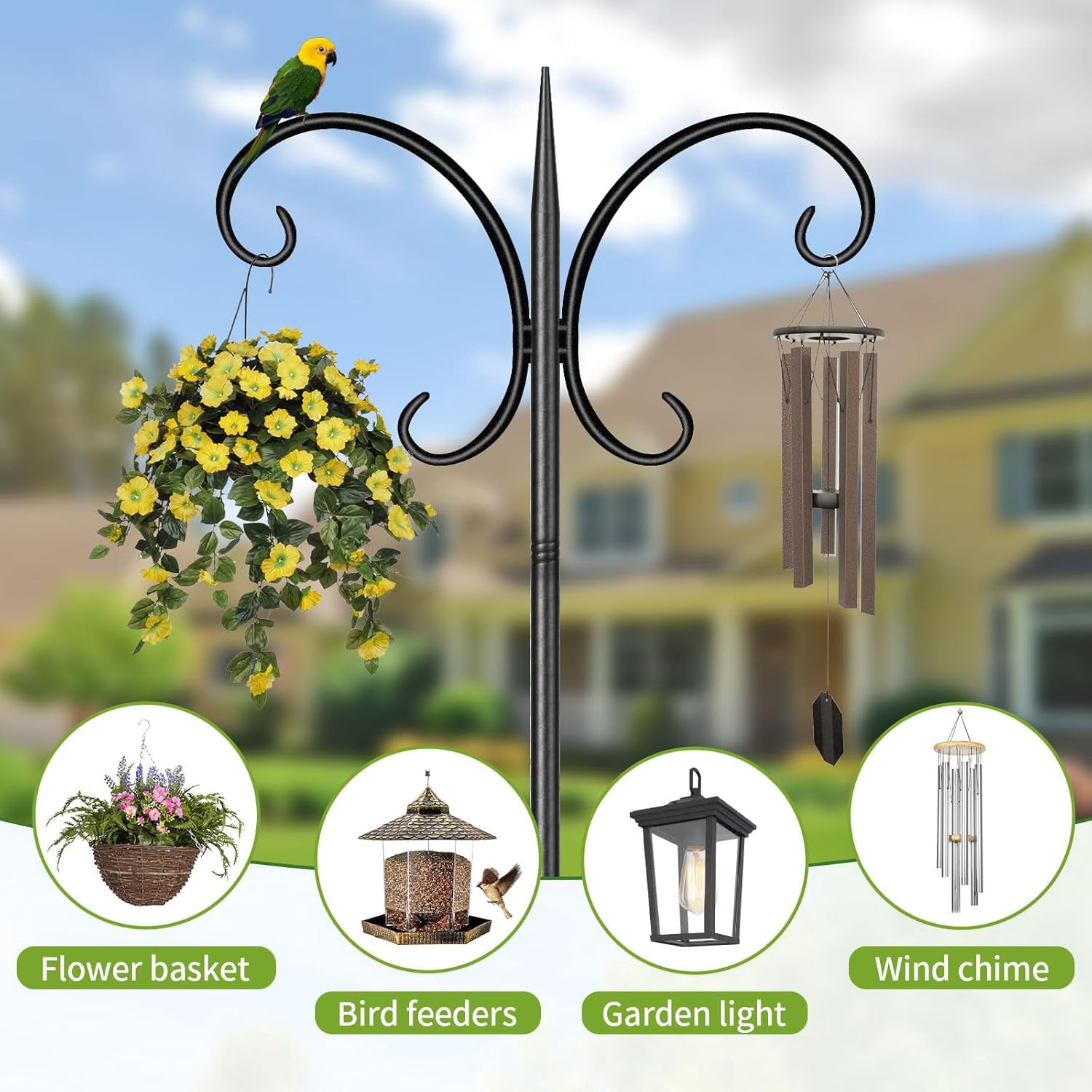 KOLAKO Bird Feeding Station, 223cm Heavy Duty Bird Feeder Pole with Squirrel Baffle,  Metal Shepherds Crook Hooks for Hanging Garden Lights Lanterns Plant Basket