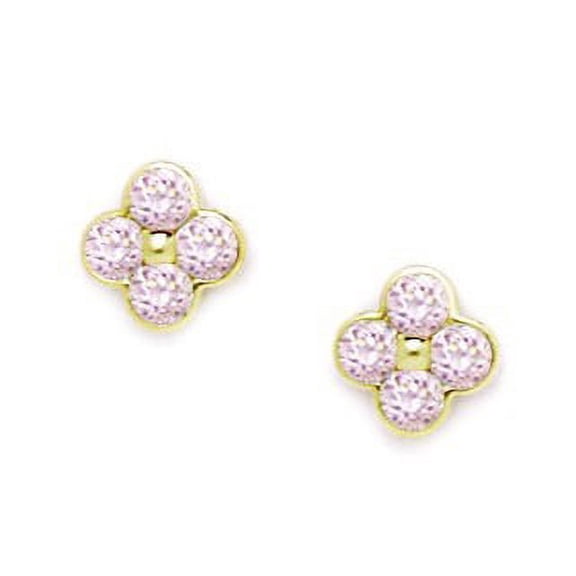 14k Yellow Gold Pink Cubic Zirconia Medium 4 Petal Flower Screw-Back Earrings - Measures 8x8mm