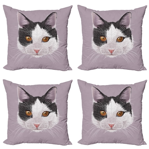 Ambesonne Animal Throw Pillow Cover 4 Pack, Pet Cat Kitty Portrait, 16", Lilac Black White