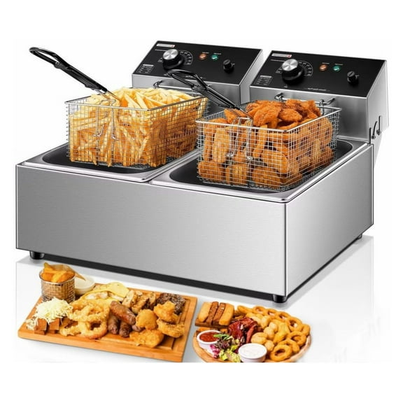 Deep Fryer with Basket, 3400W 20.7Qt Dual Deep Fryer with Temperature Control, Large Capacity Stainless Steel Electric Countertop Fryer for Restaurant or Home Use Silver