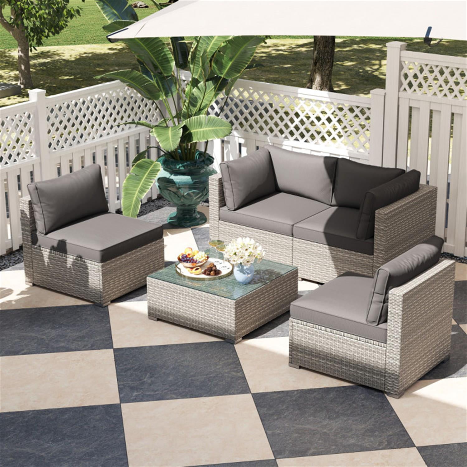 Demi Bonn 5-Piece Outdoor Patio Furniture Sets Sectional Sofa Couch and Glass Coffee Table with Cushions for Yard, Pool or Backyard, Gray