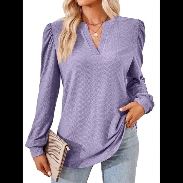 Blusas para Mujer, Elegantes, Informales, con Cuello en V, Larga, Blusas para Mujer con Mangas Abullonadas Púrpura L