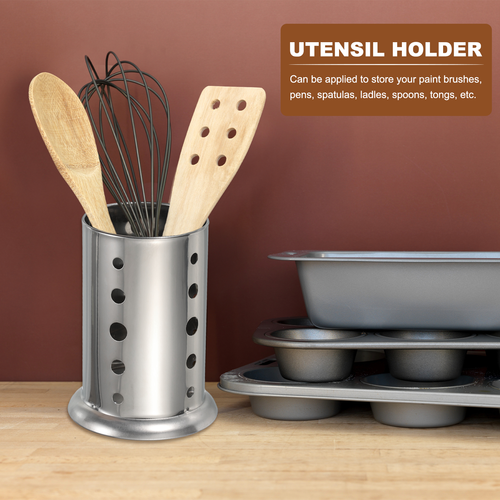 Stainless Steel Utensil Holder, Kitchen Cutlery Holder Round Hole Flatware Organizer for Forks Silver
