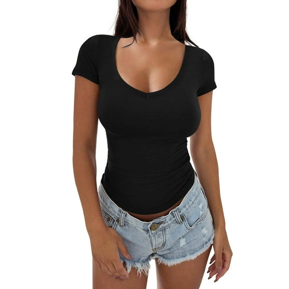 Weikingp Plain T Shirts For Women Summer Tops For Women Women's 2025 High End Slim Short Sleeved Round Neck Short Sleeved T Shirt Women's Short Sleeved T Shirtpeplum tops for women Black L