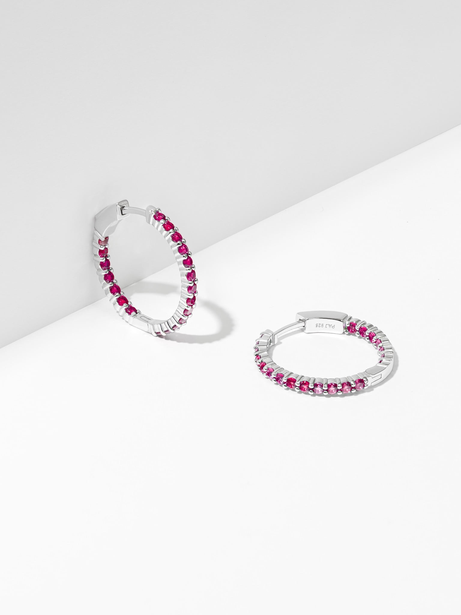 Forever Facets Jewelry Platinum over Sterling Silver Created Ruby Hoop Earrings with Black Velvet Pouch and Box
