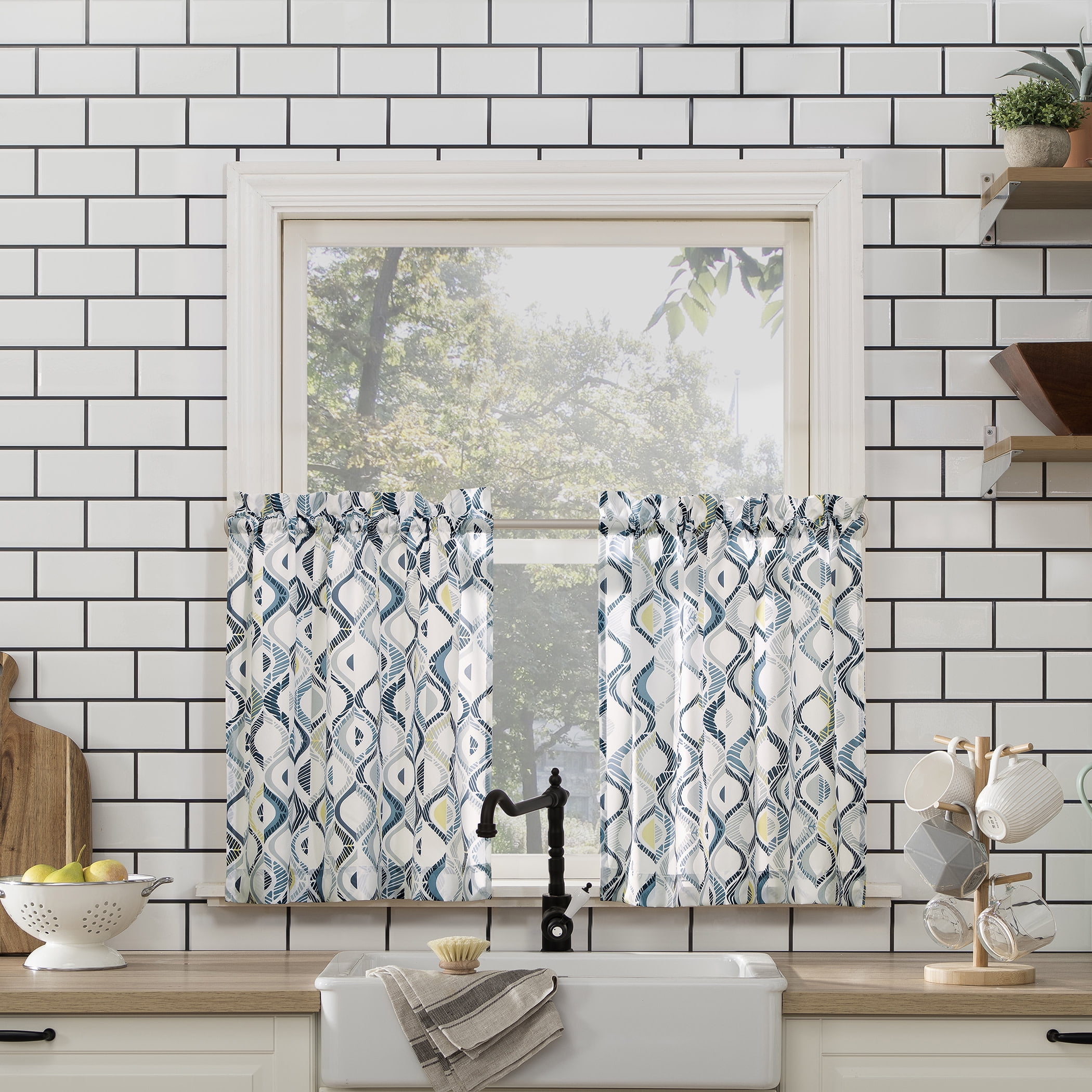 Mainstays 3-Piece Semi Sheer Rod Pocket Kitchen Window Tier Pair and Valance, 2 Café Curtains and 1 Curtain Valance, White Modern Ogee, 54"W x 36"L