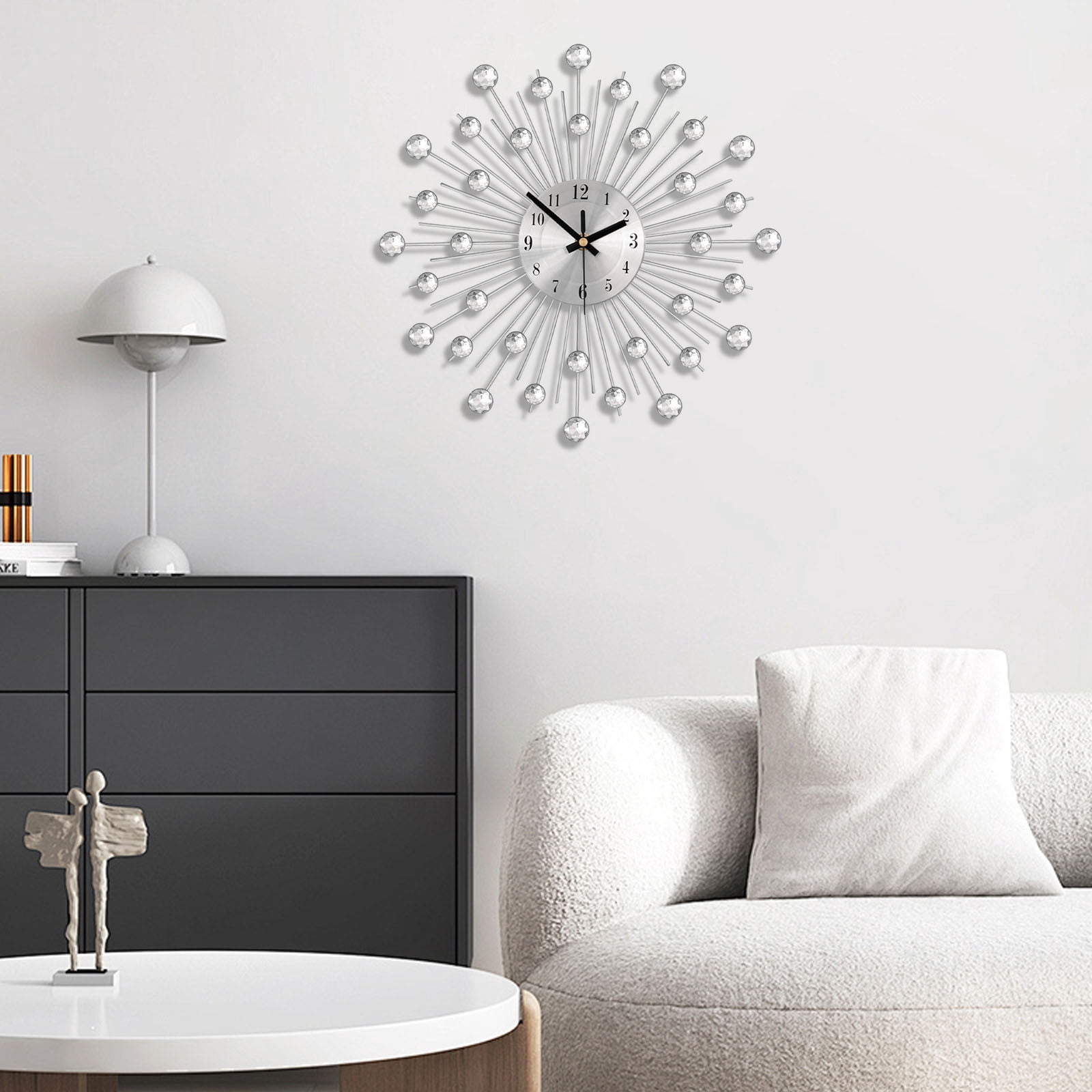 NWOKYZGH Large Wall Clock for Living Room Decor, Non-Ticking Quiet Modern Metal Starburst Bling Silver Crystal Wall Clocks Decor for Bedrooms Kitchen Decorative