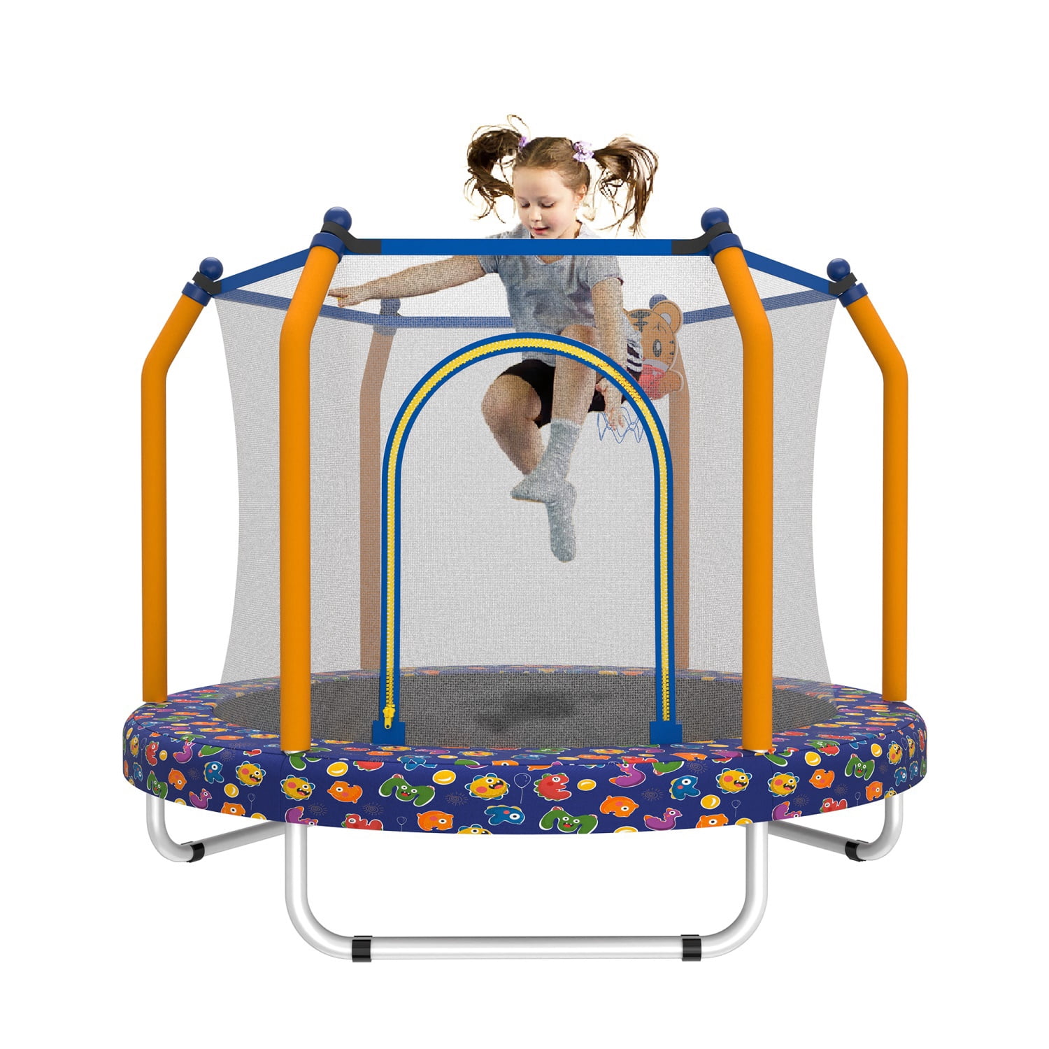 Hommoo 55" Trampoline for Kids, Indoor & Outdoor Small Toddler Trampoline with Basketball Hoop, Blue Multi