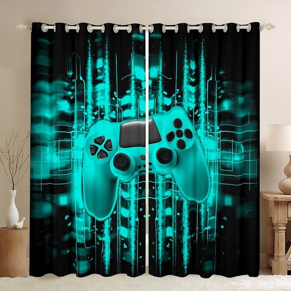 Feelyou Futuristic Game Controller Black Out Curtains, Neon Glowing Teal Square Curtains Pack of 2 (42x63 Each), Gamepad Gaming Gamer Bedroom Curtains, Living Room Curtains Decor