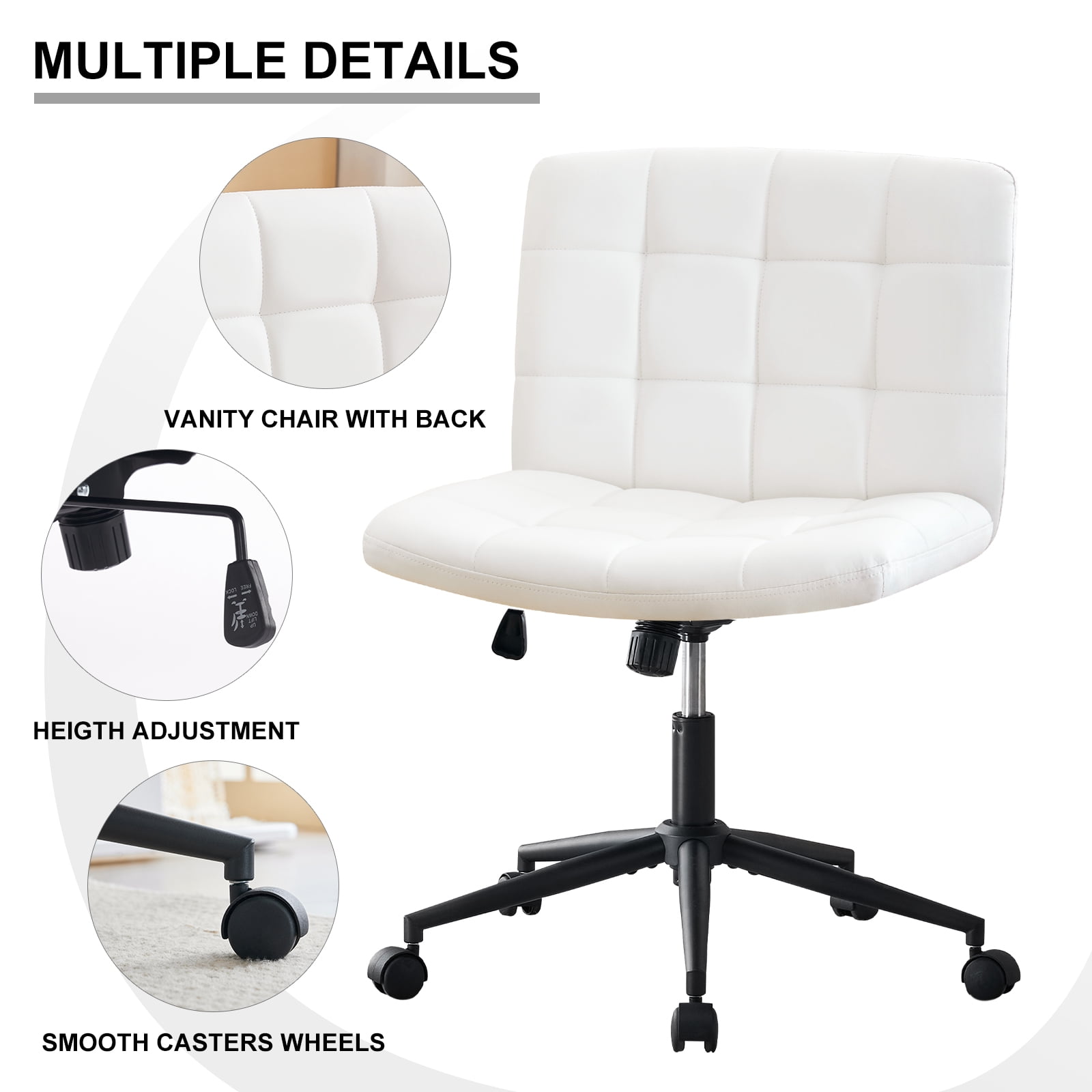 Modern Armless Home Office Chair Wide Desk Chair with Wheels Swivel Task Chair for Home Office, Bedroom. PU-Ivorywhite