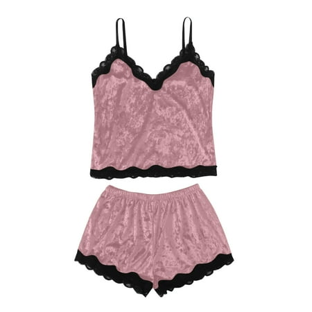 

DNDKILG Lace Velvet Pj Set Pajamas Set for Women Cami and Shorts Sets Nightwear Two-Piece Sleepwear Loungewear Pink XL