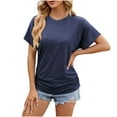 thumbnail image 4 of WREESH Women's Ruched Tunic Tops Fashion Round Neck Short Sleeve Solid Color Loose Blouse Outfit Navy, 4 of 5