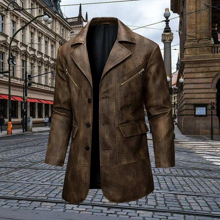 USNSM Men's Vintage Faux Leather Blazer Jacket Coat Waterproof PU  Windbreaker Leather Jacket Motorcycle Turndown Collar Winter Suit Overcoat  Brown L