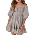 thumbnail image 1 of LLYwey Girls Robes d'Été à Volants, Robe Décontractée Fluide pour Filles, Robe de Plage Unie à Manches Bouffantes Plissée Longueur Genou, Gris, 14T, 1 of 7