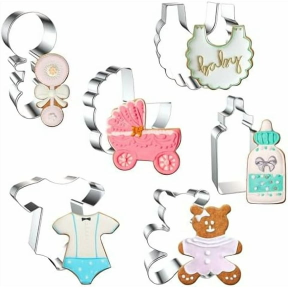 6PCS Baby Shower Cookie Cutters Set, Cookie Cutter Baby Shower Shapes for Baking-Bib, Onesie, Bottle, Carriage, Bear, Rattle, Cookie Cutters for Homemaking Cookie