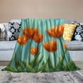 thumbnail image 2 of JEUXUS Orange Flower Tulip Painting Teal and Orange Picture Flannel Blanket White, 2 of 6