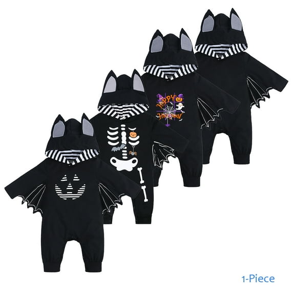 Bellafa Newborn Baby Boy Girl Halloween Bat Wings Hooded Romper Jumpsuit Unisex Infant My First Halloween Pumpkin Skeleton Hoody Playsuit