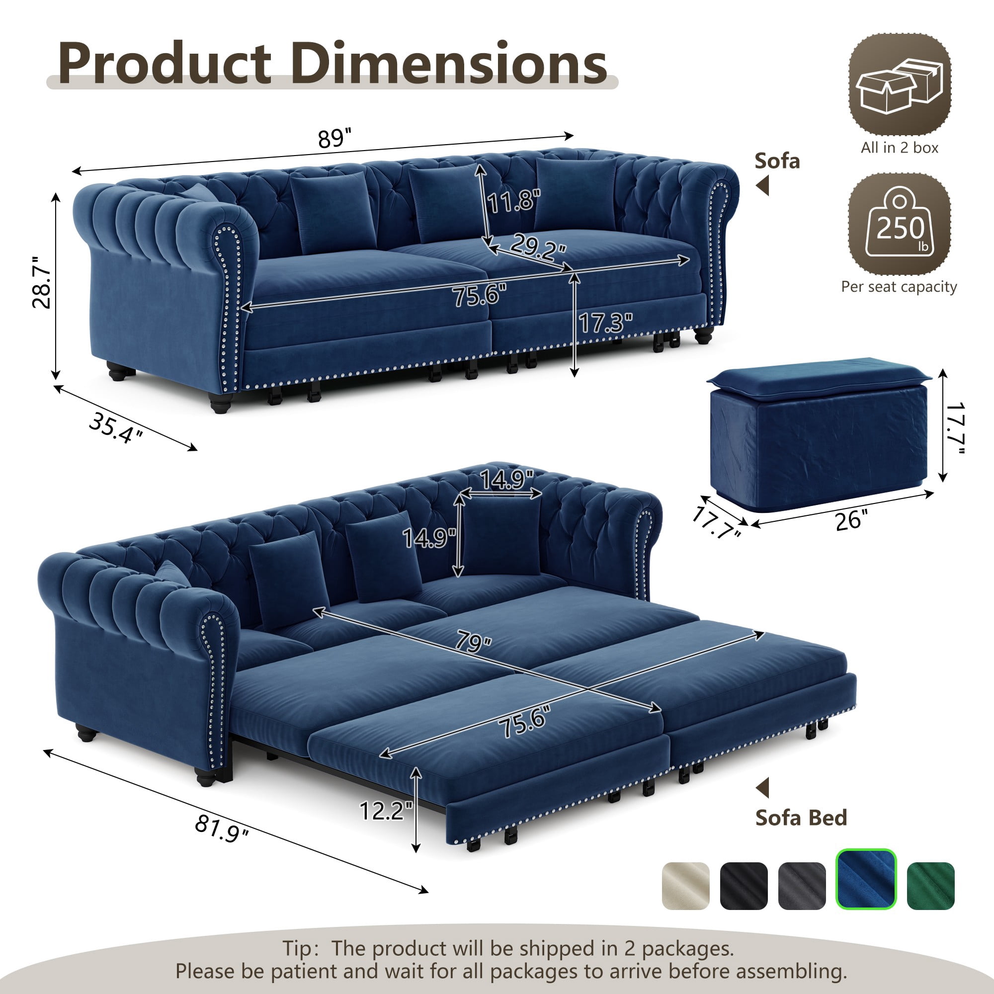 DEALTOPS 89" Velvet King Size Pull-Out Sofa Bed, 3-in-1 Convertible Sleeper Sofa with Ottoman & 4 Pillows, Blue