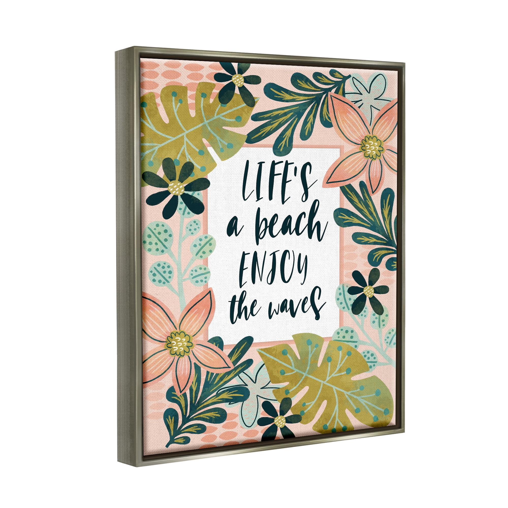 Stupell Industries Life's A Beach Phrase Botanical & Floral Painting Gray Floater Framed Art Print Wall Art, 17 x 21
