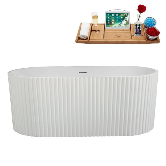 59" Streamline B-460-198-BBR Soaking Matte White Freestanding Tub and Tray With Internal Drain in Brushed Brass