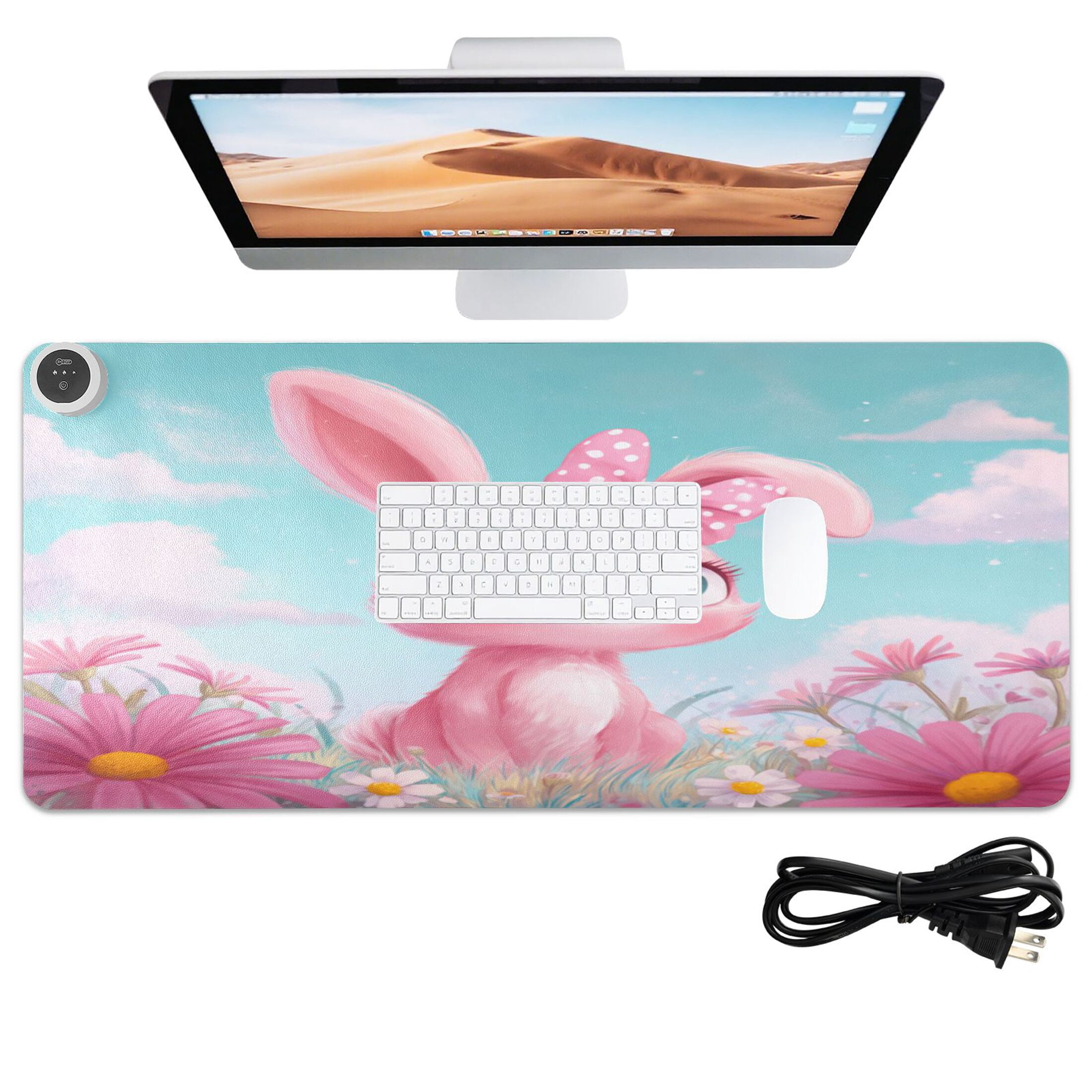 Large Heated Desk Mat Mouse Pad 31.5"x13"PU Leather Graphene Heating Desk Warmer with 3 Temperature Settings 110V US Plug Non-Slip Warm Pad for Home, Office, and Gaming Soft Pink Bunny Illustration