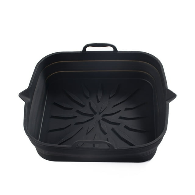 Freidora de aire cuadrada de silicona Bandeja para hornear Cesta de pollo frito Estera Parrilla Pan (Negro)