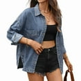 thumbnail image 3 of Womens Oversized Denim Shirt Jacket Button Down Long Sleeve Fall Casual Jean Shackets Blue M, 3 of 8