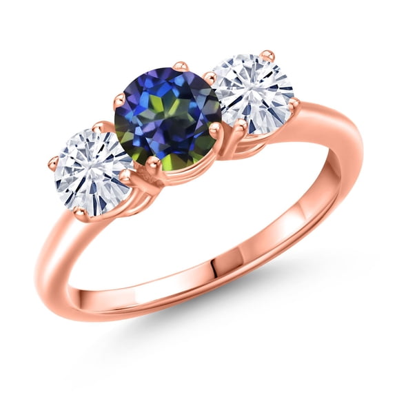 Gem Stone King 18K Rose Gold Plated Silver Blue Mystic Topaz and White Moissanite Engagement Ring for Women | 2.00 Cttw | Round 6MM | Gemstone November Birthstone | Size 6