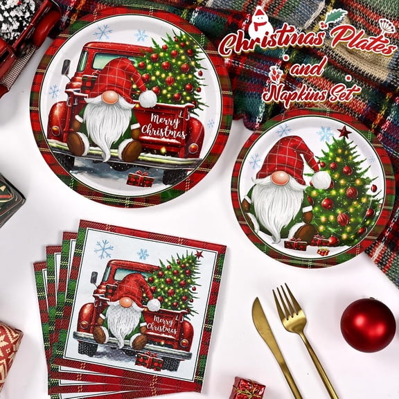 YUYAN-200 Pcs Christmas Paper Plates and Napkins, 9" Christmas Plates Disposable Heavy Duty, Xmas Tree Gonme Paper Plate Disposable Party Set, Holiday Plate and Napkins for Xmas Dinner Party