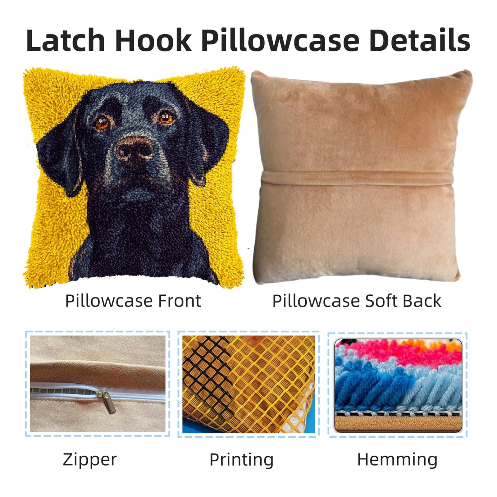 DIY Latch Hook Pillow Kits for Adults Cartoon Black Labrador Dog Printed Pillowcase Crochet Yarns Hooking Handmade Pillow Cover Cushion for Home Sofa Decoration 17x17inch-14