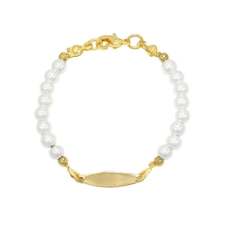 18k Gold Plated ID Tag White Simulated Pearl Bracelet for Girls 5