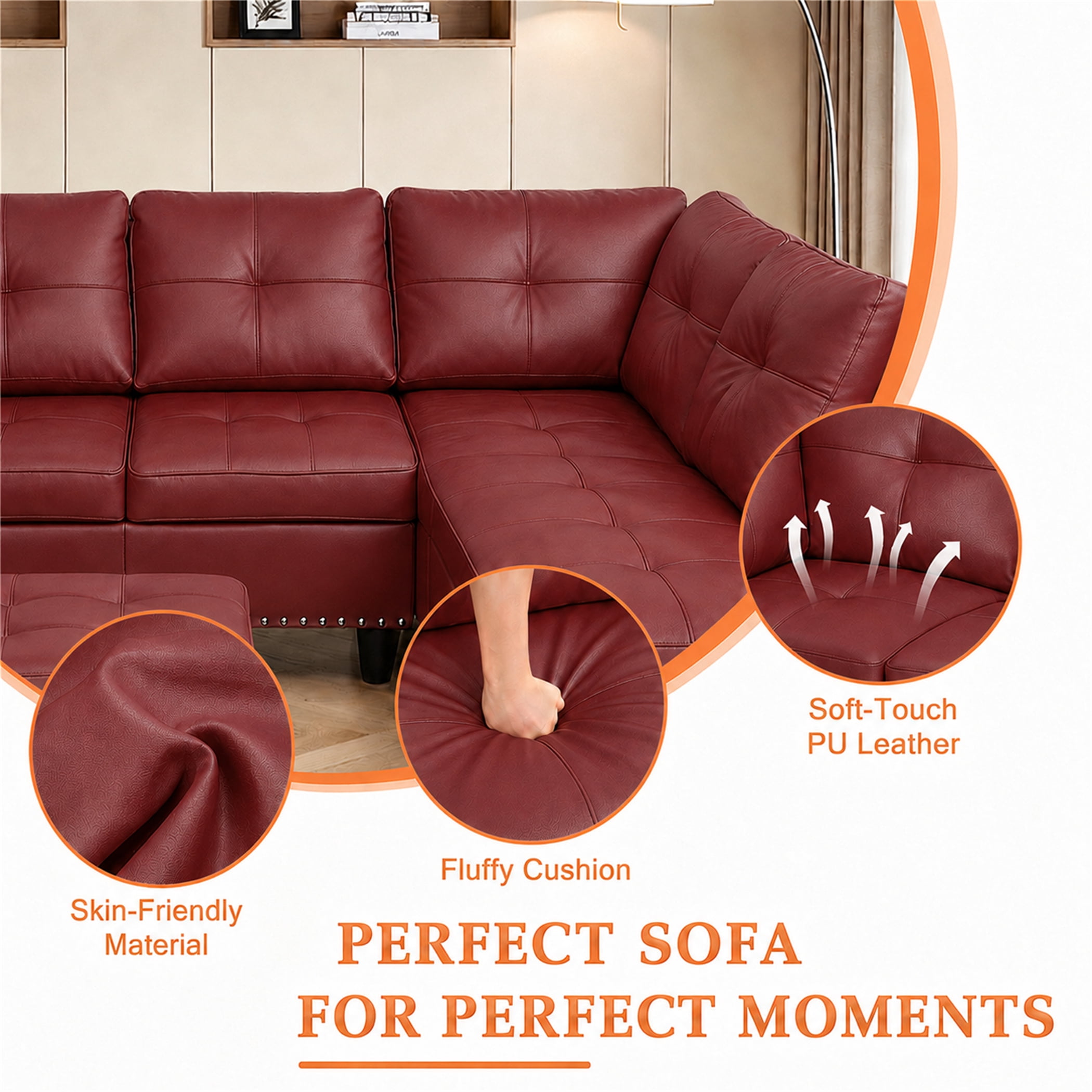 Aukfa 98" L Shaped Sectional Couch with Cup Holder Console, Tufted Back&Nailhead Trim, Oversized Right Chaise Leather Sofa for Living Room, Red