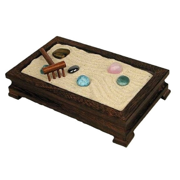 Squire Boone Zen Garden Kit for Desk with Gemstones, Small, Walnut Finish, 4 5/8" X 7 3/4"