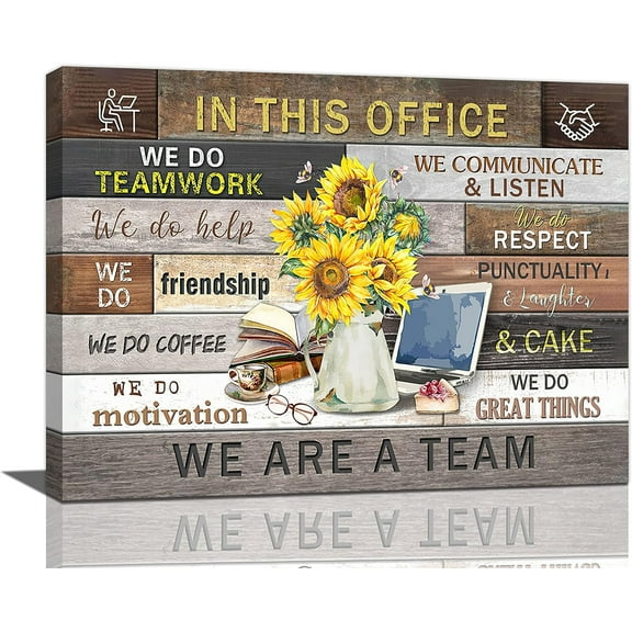 In This Office Sunflower Inspirational Decor Wall Art Teamwork Motivational Quotes Floral Pictures Wall Decor We are A Team Positive Canvas Painting Prints Modern Artwork Framed for Office 16"x12"