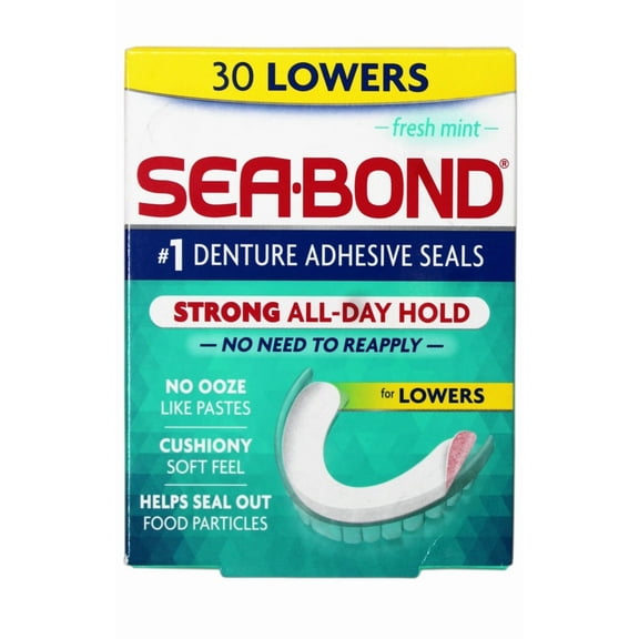 Sea Bond Secure Denture Adhesive Seals, Fresh Mint Lowers, All-Day-Hold, Mess-Free, 30 Count