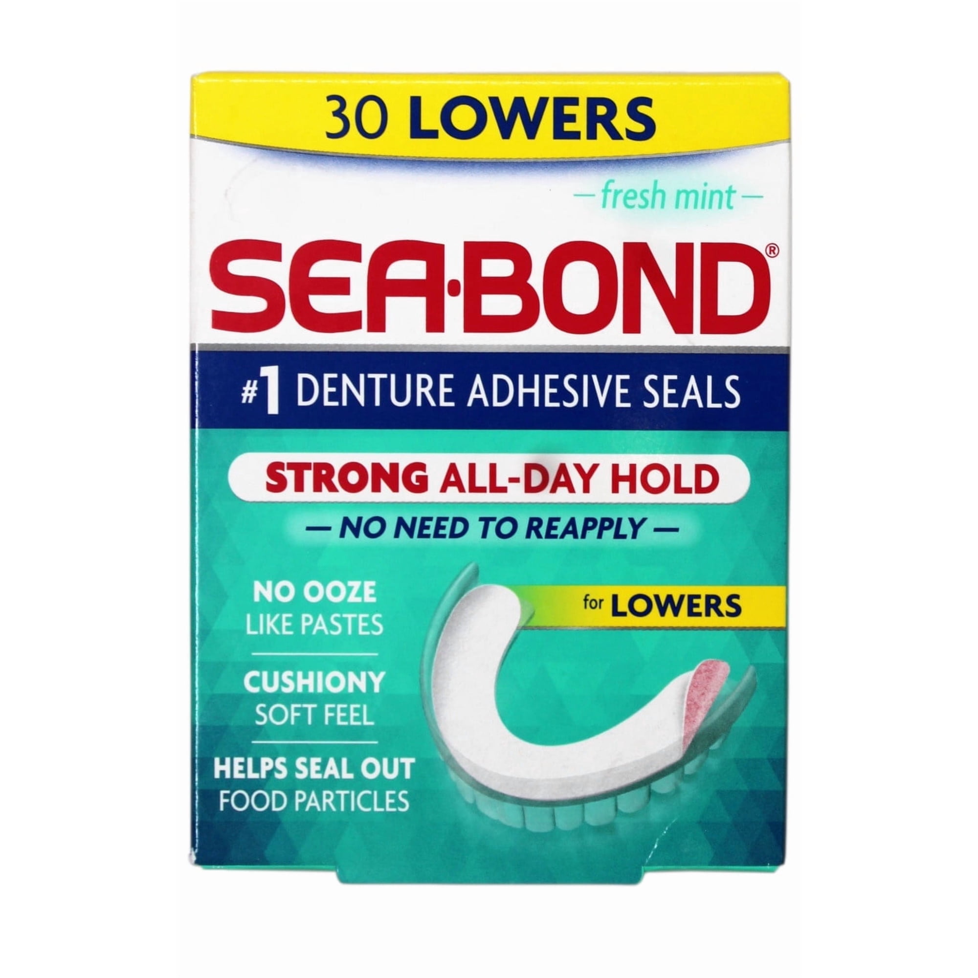Sea Bond Secure Denture Adhesive Seals, Fresh Mint Lowers, All-Day-Hold, Mess-Free, 30 Count