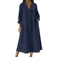 thumbnail image 3 of HBBIKVI Blouson Sleeve Midi Dress for Women Casual Long Sleeve V-Neck Shift Dress with Exterior Pockets and Loose Fit for Everyday Casual Style, 3 of 7